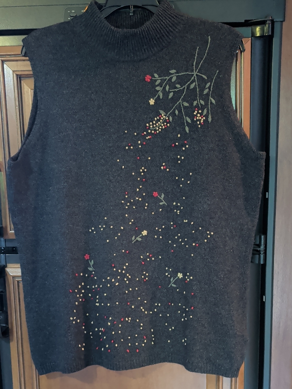Rena Rowan Black Sleeveless Cowlneck Sweater Floral Embroidery Silk Angora Wool